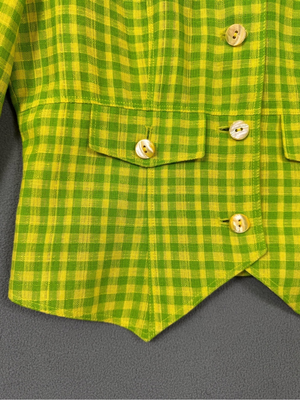 Vintage 90’s Dana Buchman Linen Lime Green + Yellow Gingham Blazer Jacket, 4 - Picture 5 of 13